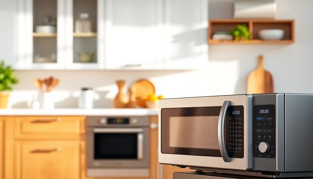 Showcase of a modern microwave oven in a stylish kitchen, illustrating design and functionality.