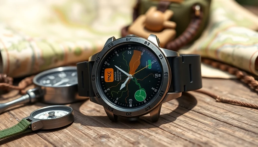 Showcasing the Explorer Plus GPS Smart Watch highlighting navigation features and adventure gear.
