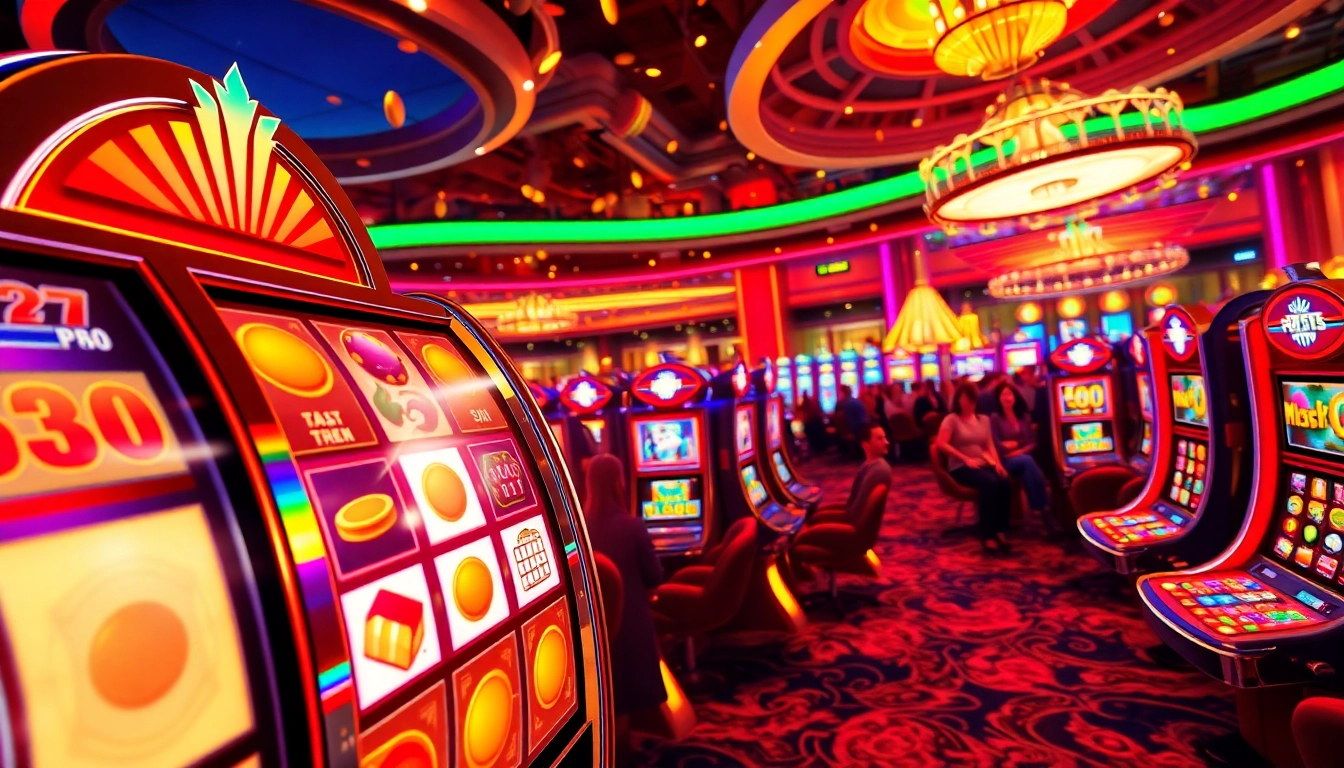 Engaging slot777 casino scene with bright slot machines and joyful players spinning reels.