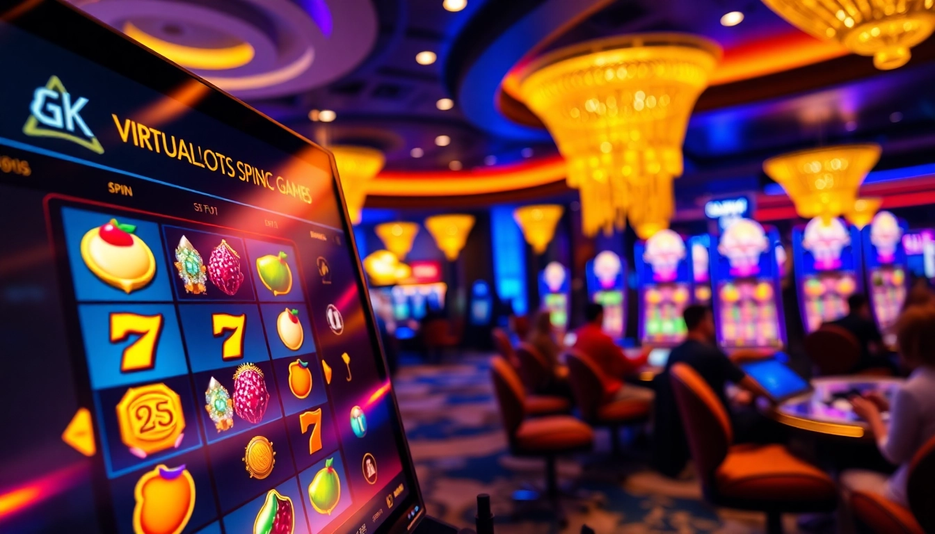 Engaging scene featuring users playing diverse Online slots Uk games in a vibrant casino backdrop.