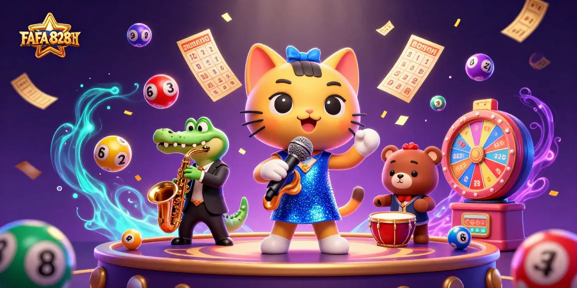 Experience FAFA828TH with an energetic casino scene featuring a jazz-singer cat and vibrant game elements.