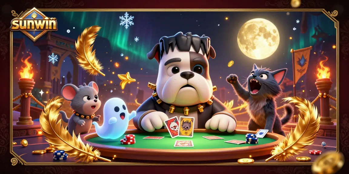Sunwin showcases a thrilling scene with a bulldog monster dealing cards while a ghost mouse floats amidst chips.