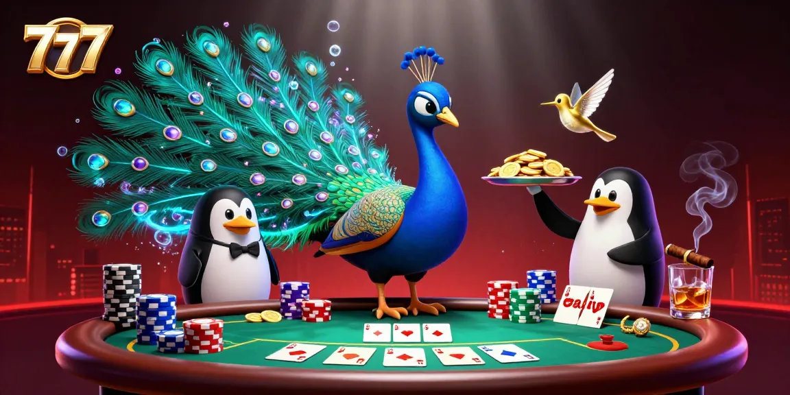 Experience thrilling 777 gaming with a vibrant scene of a peacock and a penguin amidst poker chips and cards.