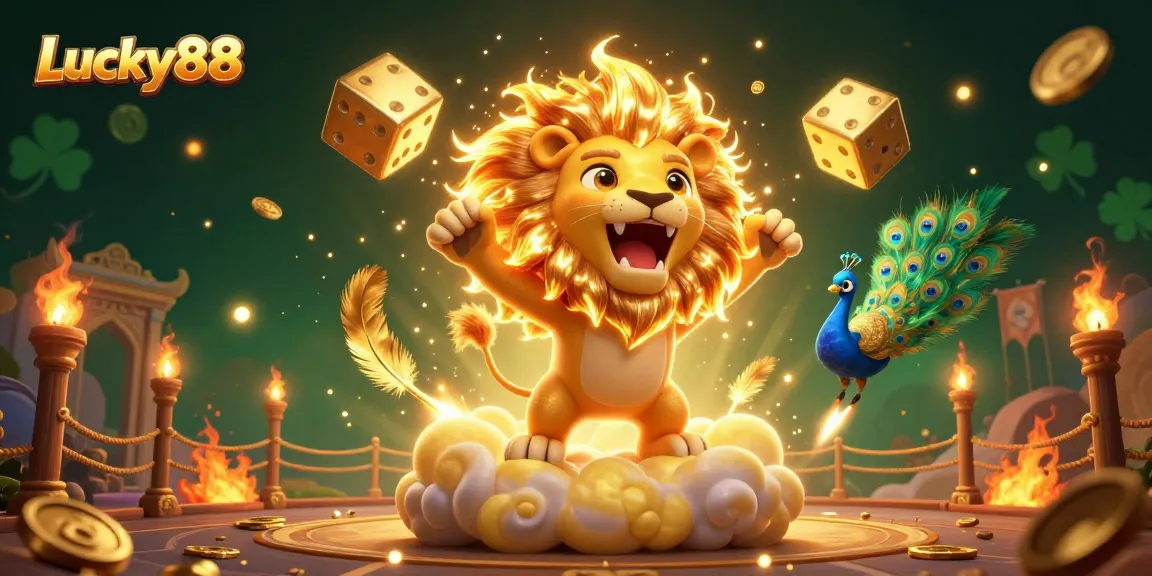 Experience thrilling wins at Lucky88 with vibrant casino elements and a roaring sun lion.