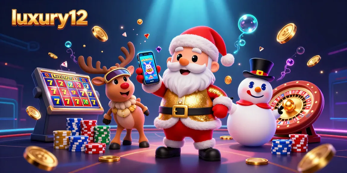 Play and win at luxury12 with a joyful Santa and friends in a vibrant animated casino scene.