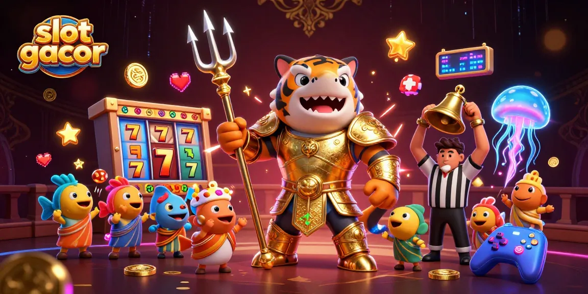 Engage in thrilling slot gacor excitement with a cartoon tiger shark in a dynamic underwater scene.