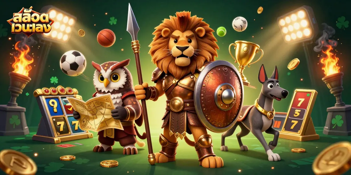 Experience สล็อตเว็บตรง with a vibrant 3D digital illustration showcasing slot reels and dynamic sports elements.